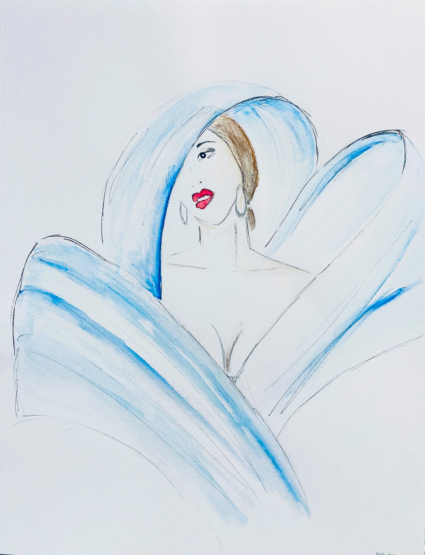 Lady in Blue watercolor and ink sketch
