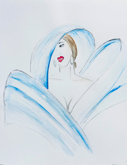 Lady in Blue watercolor and ink sketch